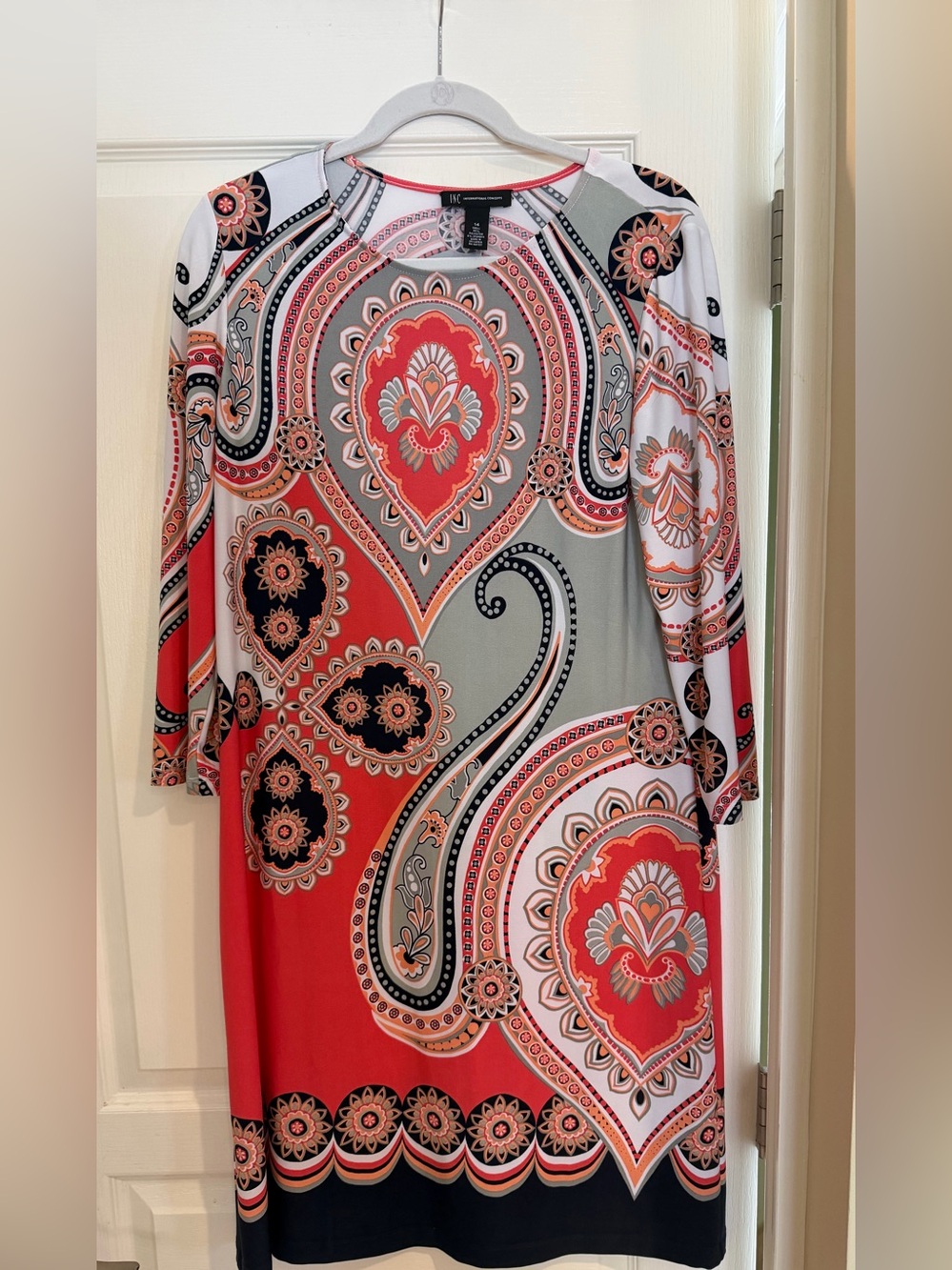 INC International Concepts Coral and Cream Paisley Long Sleeve Dress